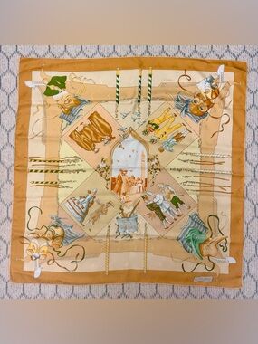 HERMES Vintage Rare Silk 90” Mandolin Jacquard Gold “Fetes Venitiennes” Scarf